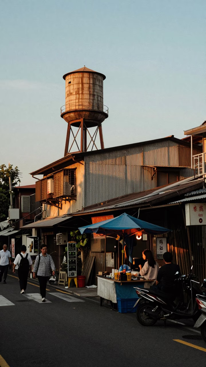 Golden Hour Taipei Street Scene with Water Tower and Local Vendor Interaction in in Taipei, Taiwan
