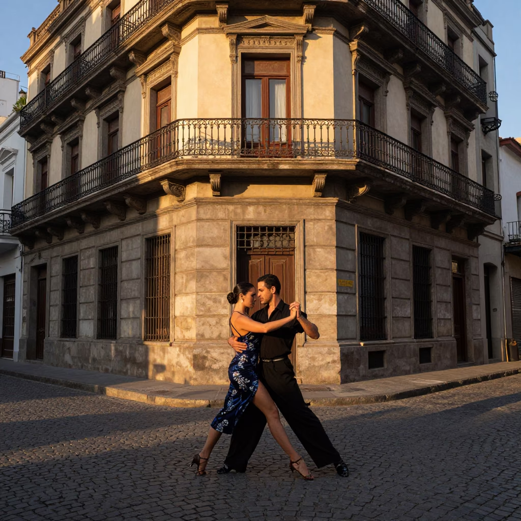 Golden Hour Tango Dancers in Historic Buenos Aires Street Corner in in Buenos Aires, Argentina