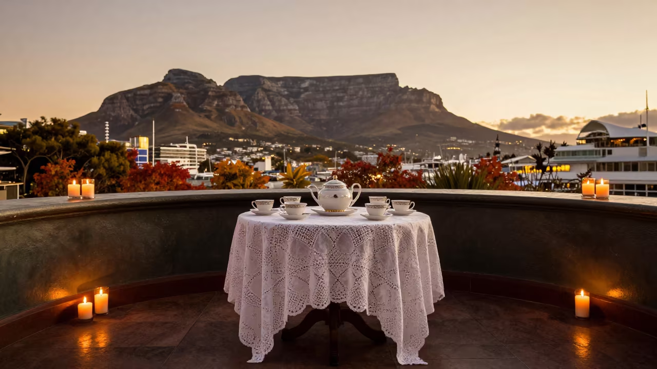 Golden Hour Tea on Lace at V&A Waterfront in on a painted display ledge in V&A Waterfront, Cape Town