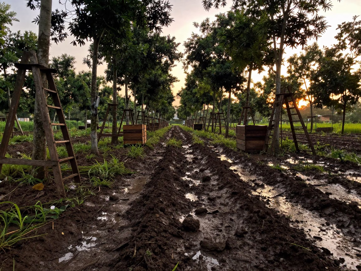 Golden Hour Teak Rows Harvest Lobito in among orchard ladders and crates near Lobito