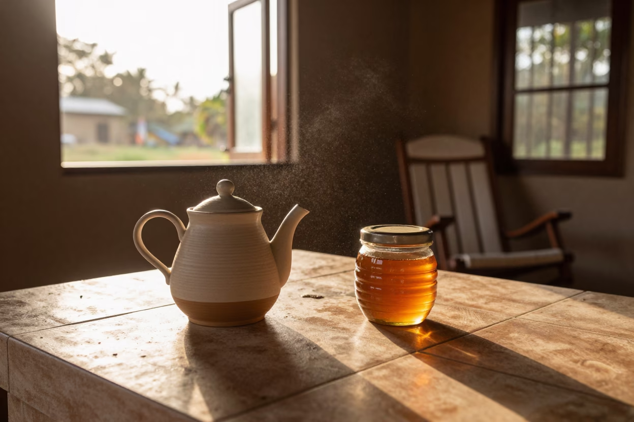 Golden Hour Teapot Honey Jar Hoima Porch in on a porch with a rocking chair in Hoima