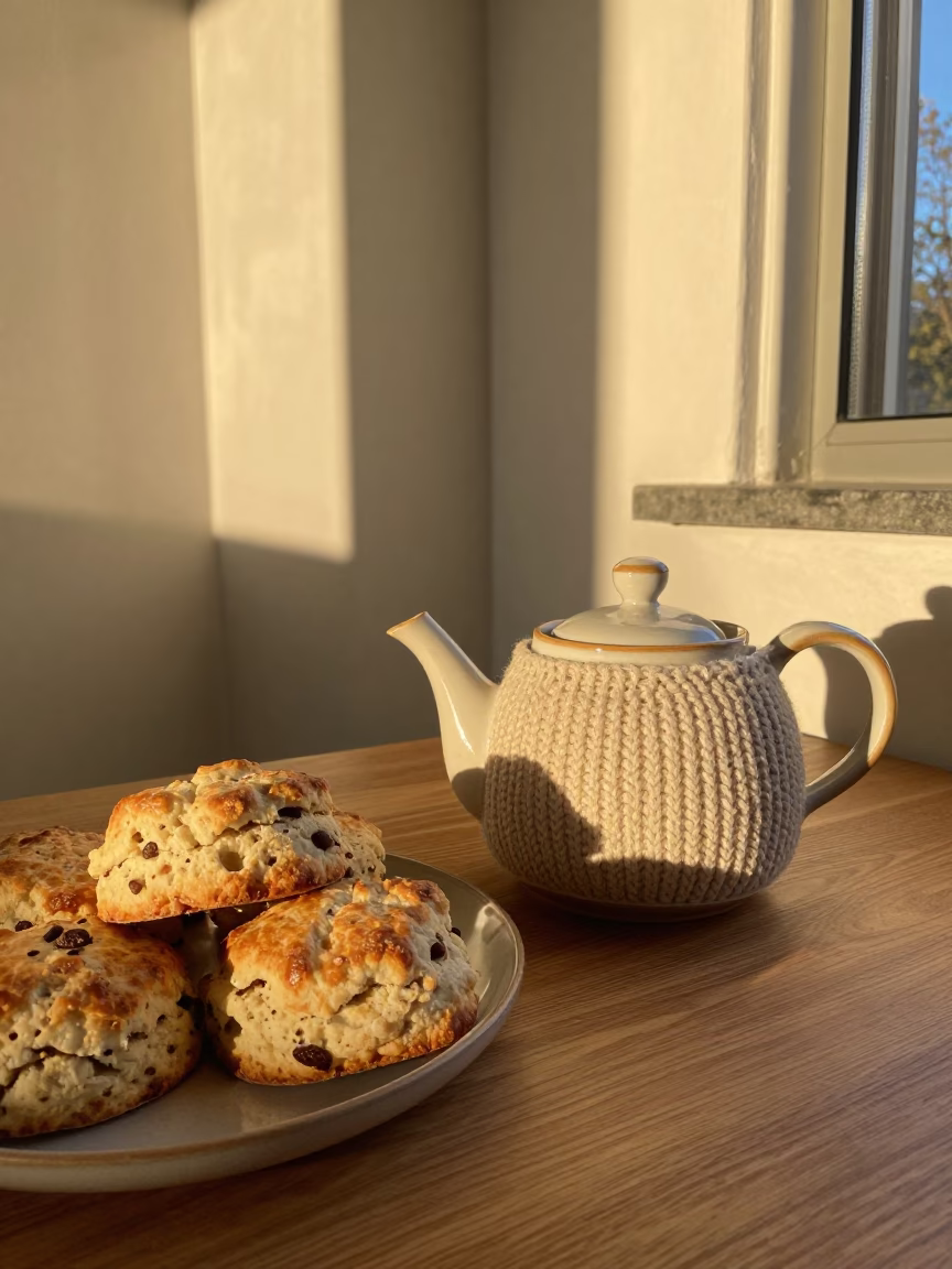 Golden Hour Teapot and Scones in Charlotte Nook in in a breakfast nook in Charlotte