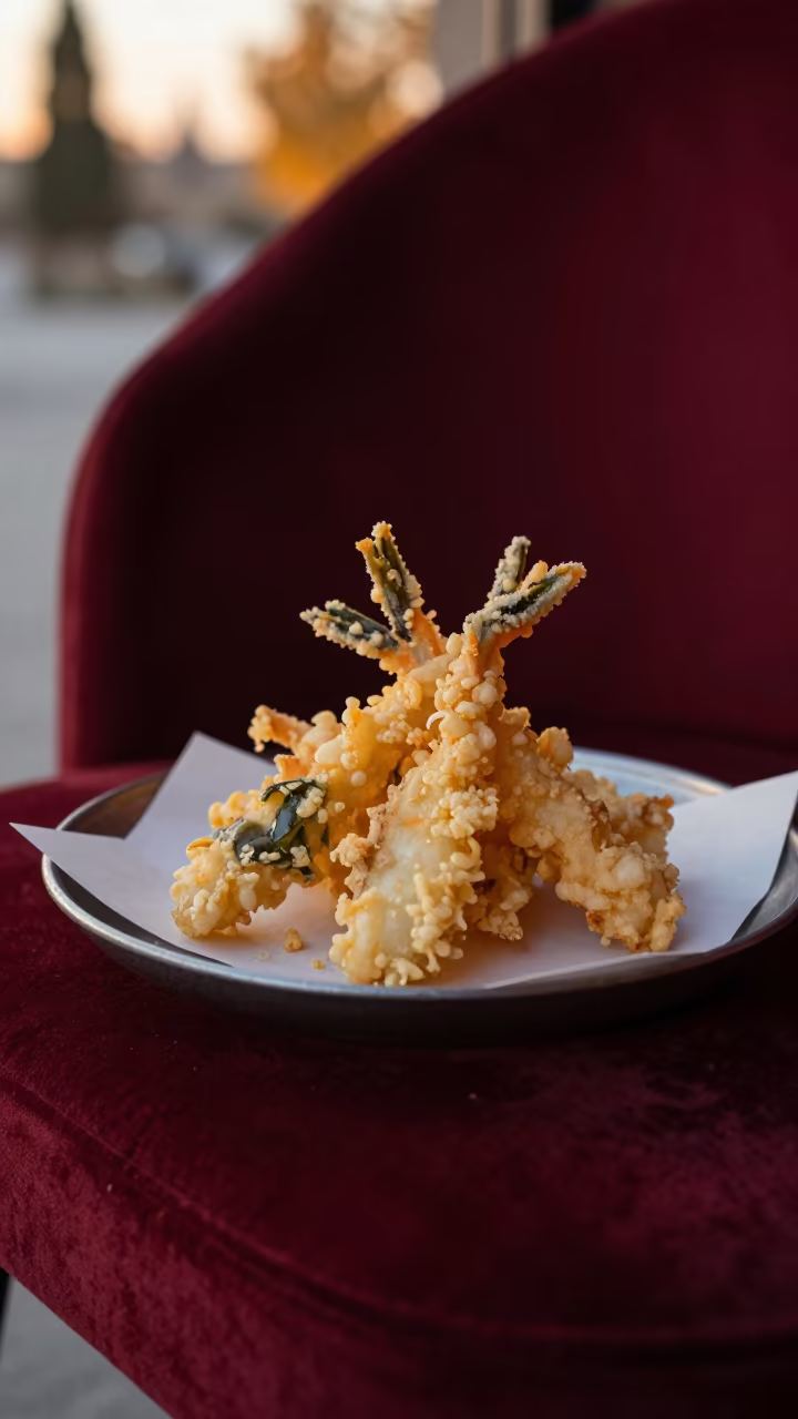 Golden Hour Tempura on Velvet Chair in Duhok in on a velvet chair near Duhok