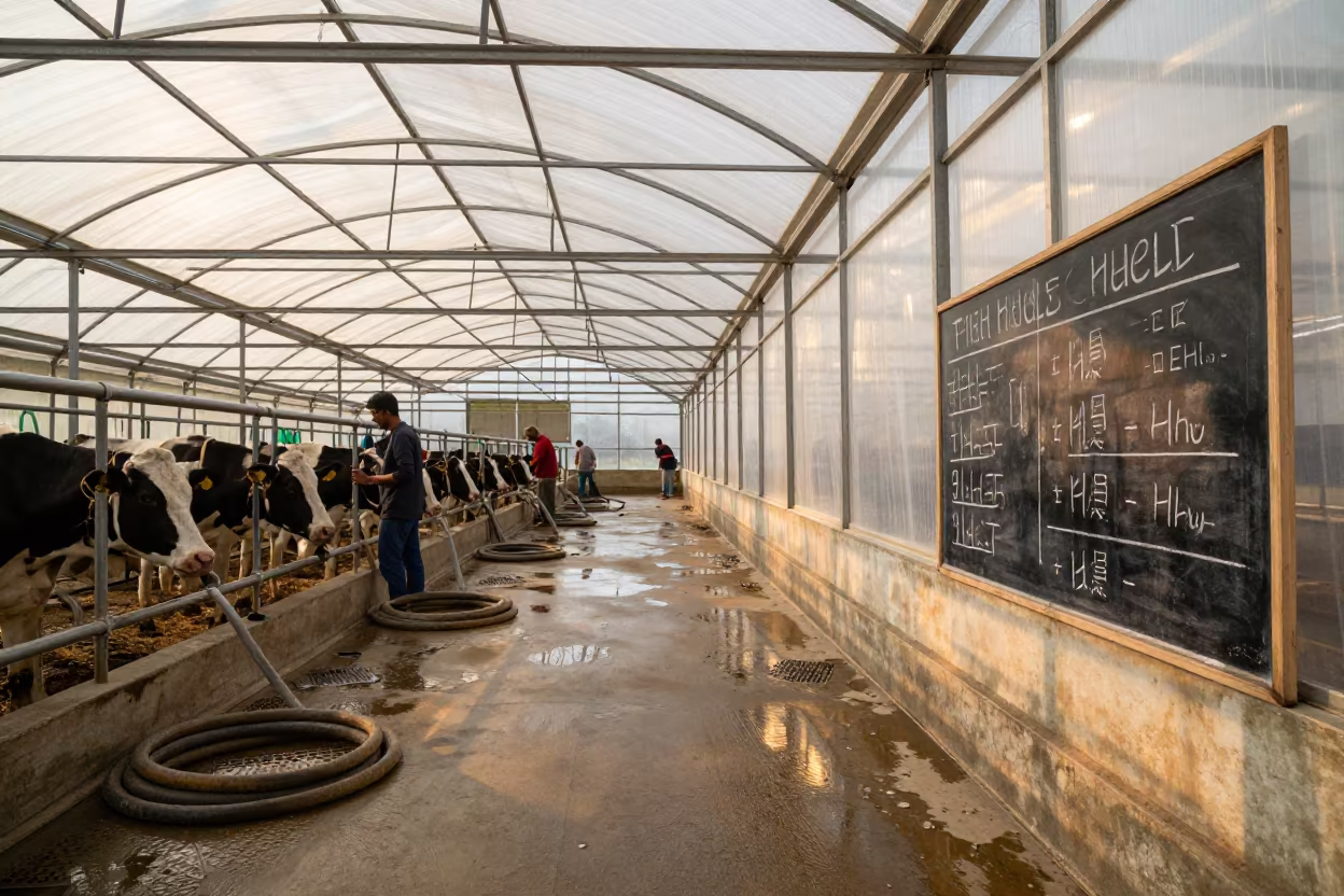 Golden Hour in Thane Milking Parlor with Coiled Hoses in under translucent greenhouse roofing in Thane