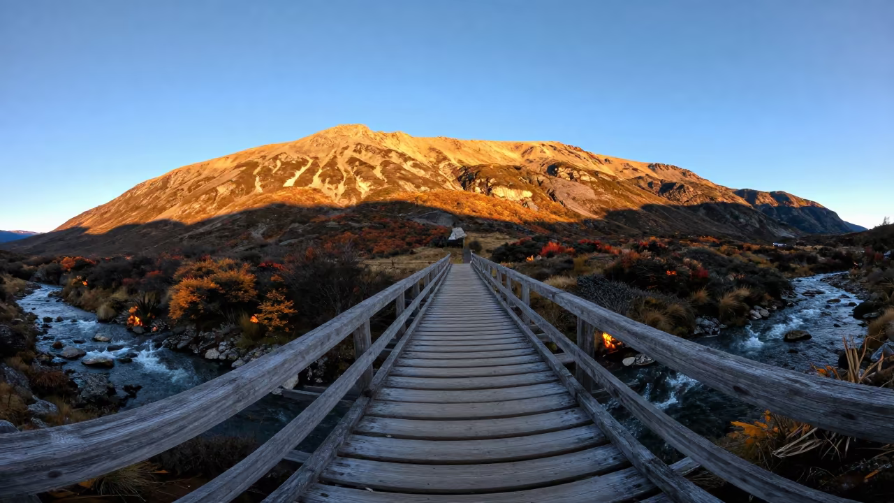 Golden Hour Timber Bridge Over Patagonian Stream in in Patagonia