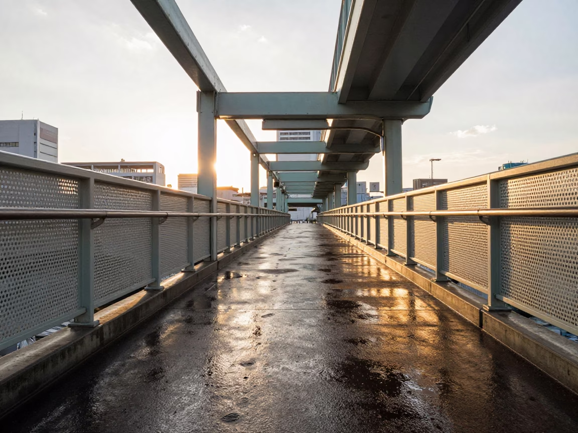 Golden Hour Tokyo Pedestrian Overpass Perforated Metal and Wet Footsteps Reflection in in Tokyo, Japan