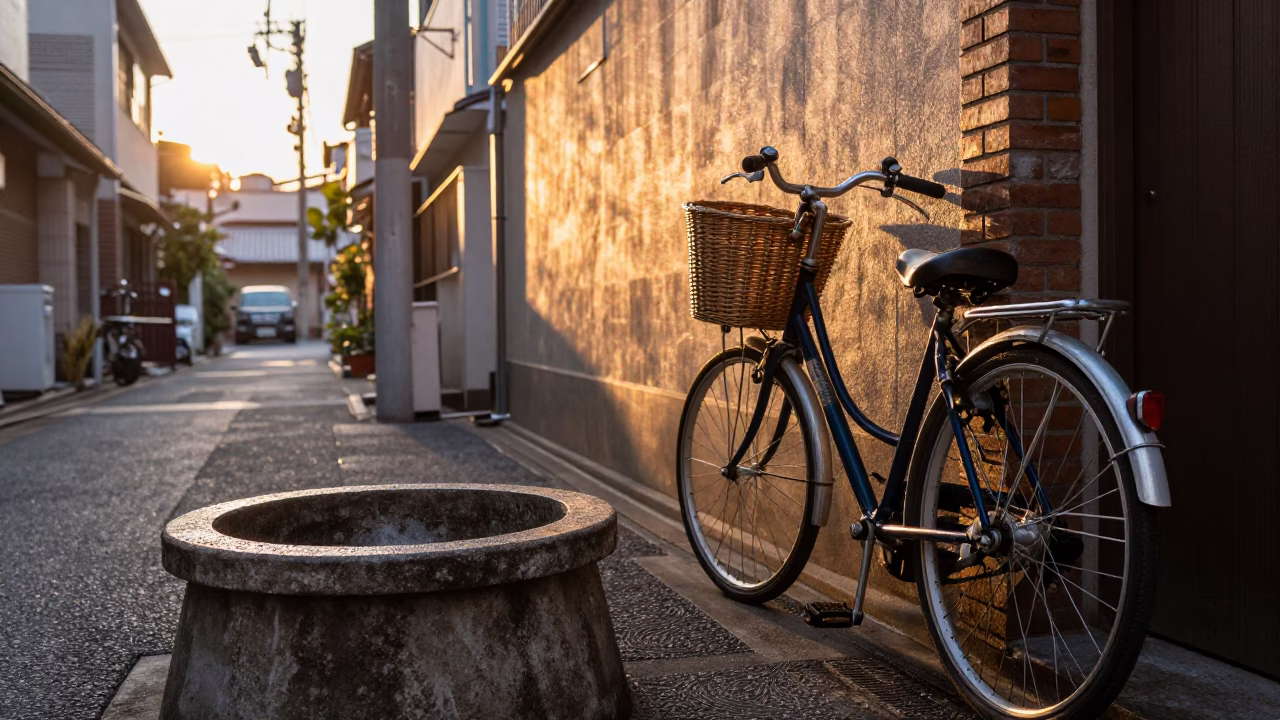 Golden Hour Tokyo Street Scene with Bicycle Basket and Condensation on Basin Lip in in Tokyo, Japan