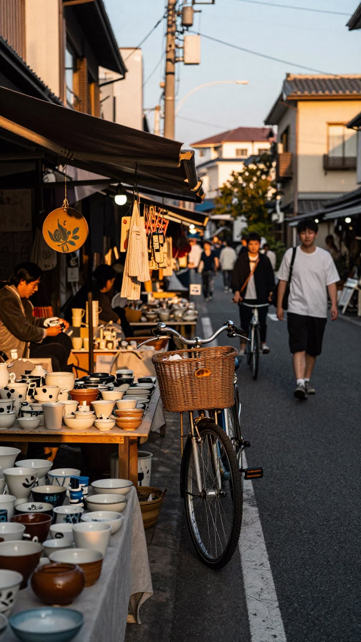 Golden Hour Tokyo Street Scene with Bicycle Basket and Pottery Market Wares in in Tokyo, Japan