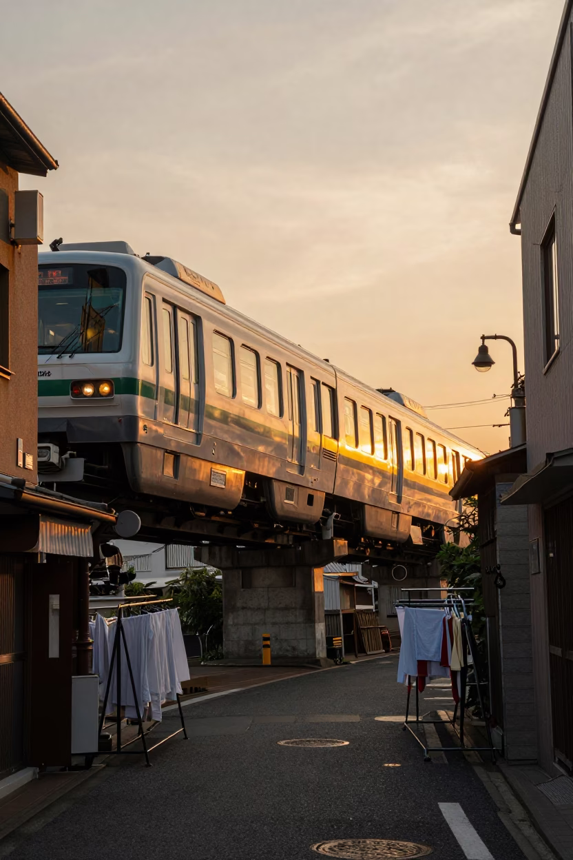 Golden Hour Tokyo Street Scene with Monorail and Drying Rack in in Tokyo, Japan