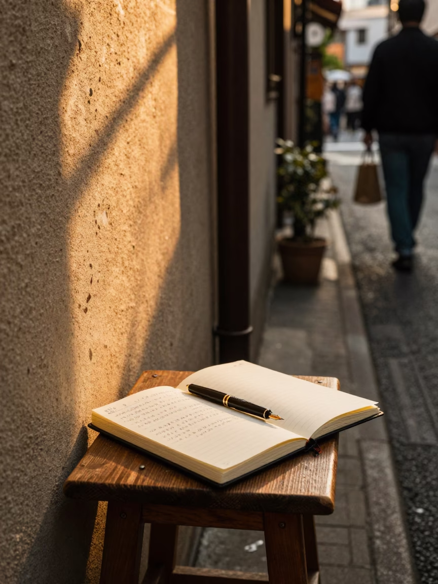 Golden Hour Tokyo Street Scene with Notebook and Fountain Pen in in Tokyo, Japan