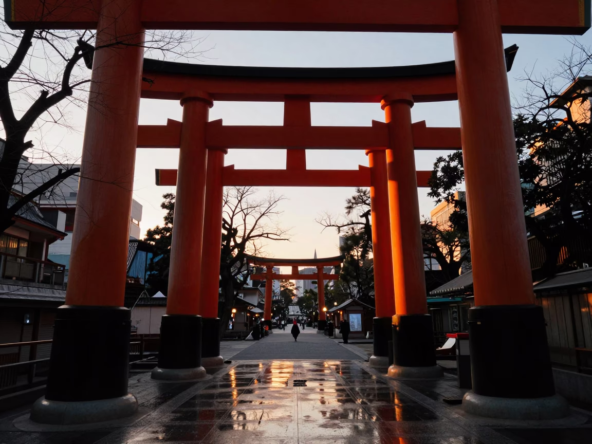 Golden Hour Torii Gate Reflections in Shibuya Skylight in inside a skylit passageway near Shibuya, Tokyo