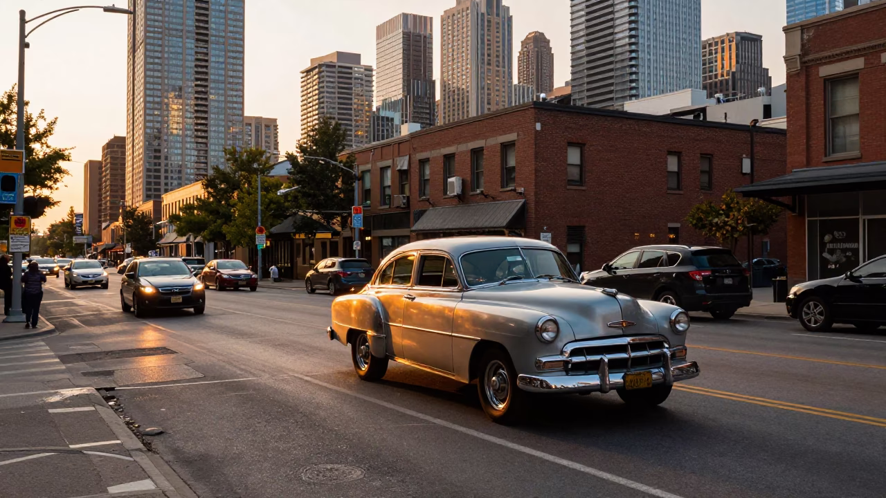 Golden Hour Toronto Street Scene with Vintage Car and Brushed Steel Details in in Toronto, Ontario, Canada
