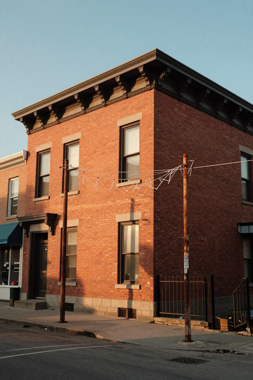 Golden Hour Toronto Street Scene with Vintage Clothesline and Heritage Architecture in in Toronto, Ontario, Canada