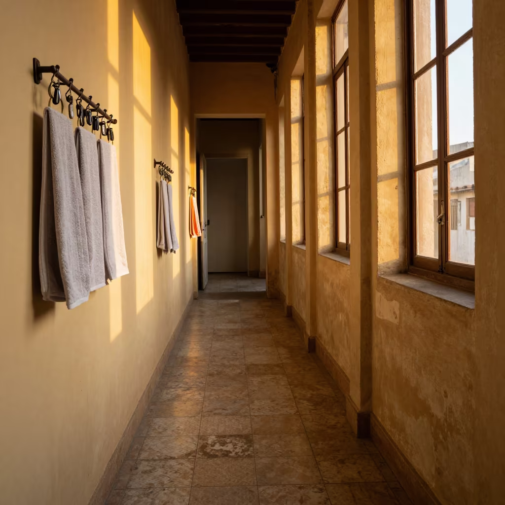 Golden Hour Towel Keyring Rack in Havana Corridor in in a quiet guest corridor near Havana