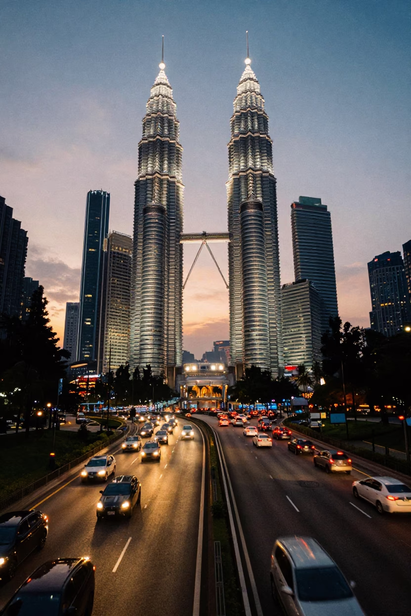 Golden hour traffic blur on Kuala Lumpur highway with Petronas Towers silhouette in in Kuala Lumpur, Malaysia