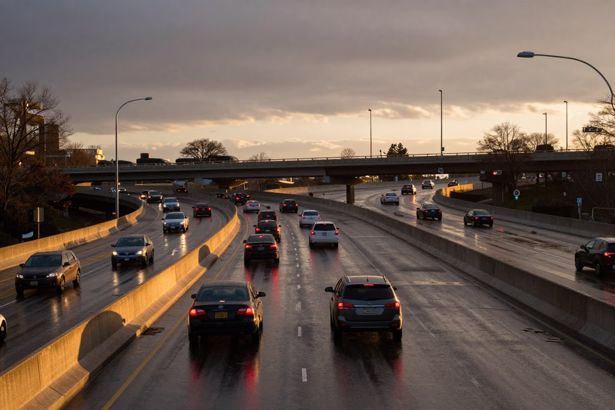 Golden Hour Traffic on Philadelphia Overpass Interchange After Rain in in Philadelphia, Pennsylvania, United States