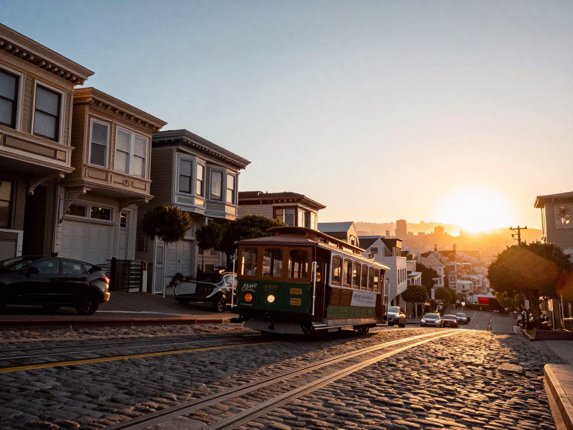 Golden Hour Tram Climbing Steep Hill in San Francisco California Sunset in in San Francisco, California, United States