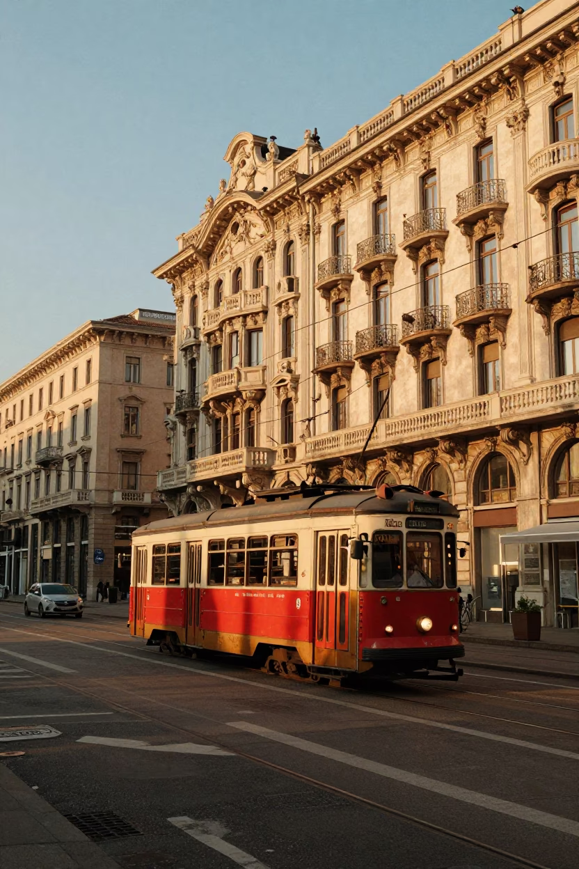 Golden Hour Tram Passing Art Nouveau Facades in Milan Italy in in Milan, Italy