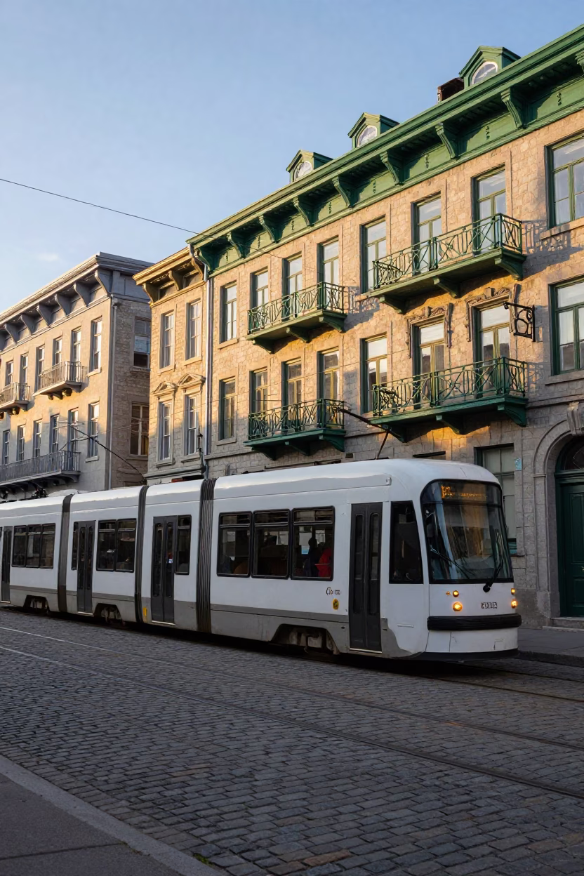 Golden Hour Tram Passing Art Nouveau Facades in Montreal Quebec Canada in in Montreal, Quebec, Canada