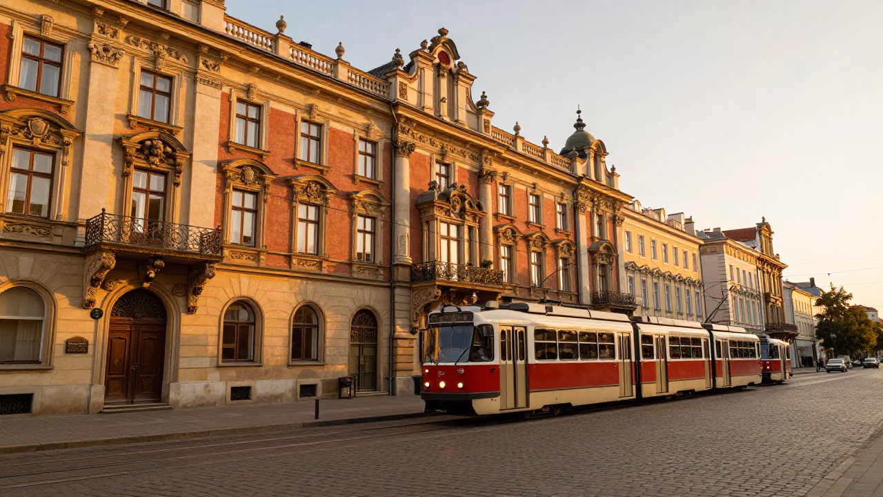Golden Hour Tram Passing Historic Art Nouveau Buildings in Krakow Poland in in Krakow, Poland