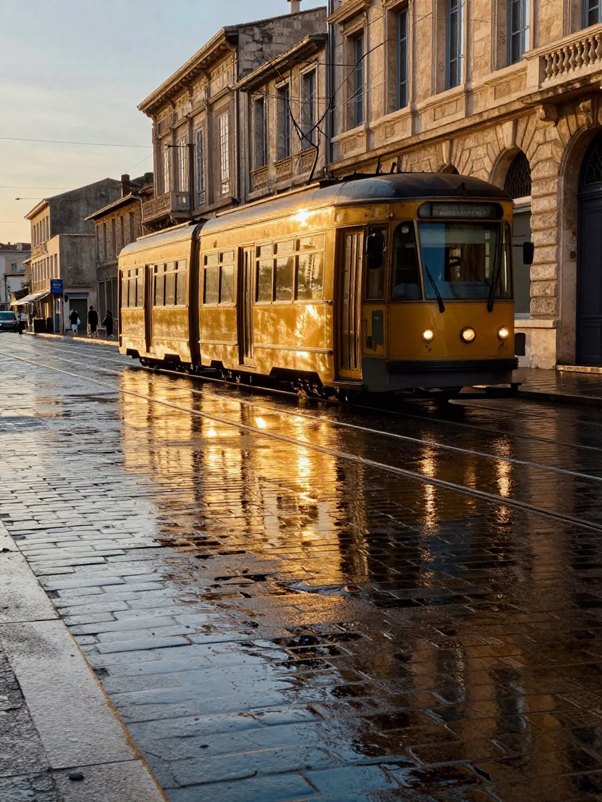Golden Hour Tram Reflection on Wet Cobblestones in Marseille France in in Marseille, France