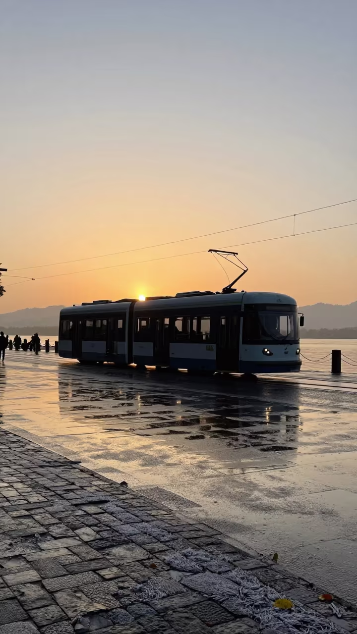 Golden Hour Tram Reflection on Rainy Hangzhou Cobblestones in near Hangzhou