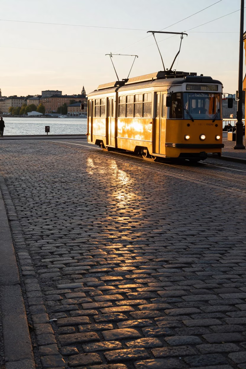 Golden Hour Tram Reflections on Stockholm Cobblestones Near Lake Mälaren in in Stockholm, Sweden