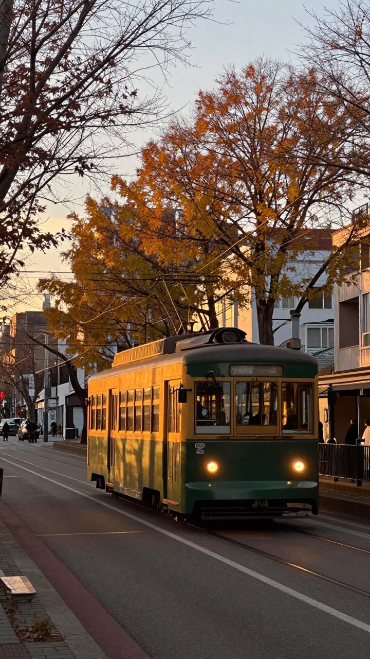 Golden Hour Tramcar on Tree-Lined Boulevard in Sapporo Japan in in Sapporo, Japan