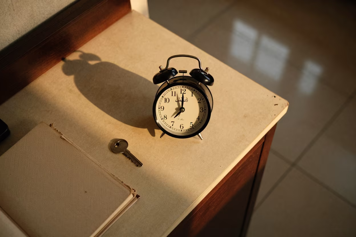 Golden Hour Travel Clock on Kuwait Hotel Desk in on a hotel dresser in Kuwait City