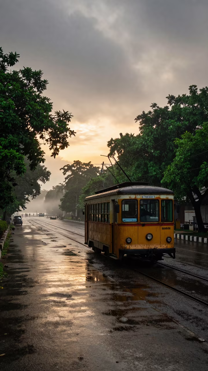 Golden Hour Trolley on Foggy Monsoon Avenue in beside a fogbound harbor mouth in Chhattisgarh