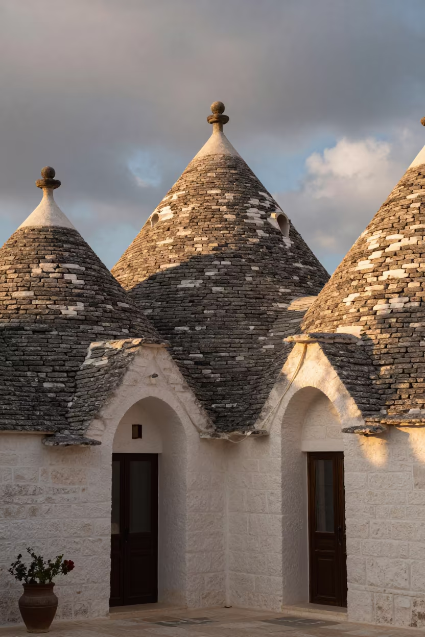 Golden Hour Trullo Cluster in Villa Nueva Atrium in inside a vaulted atrium in Villa Nueva