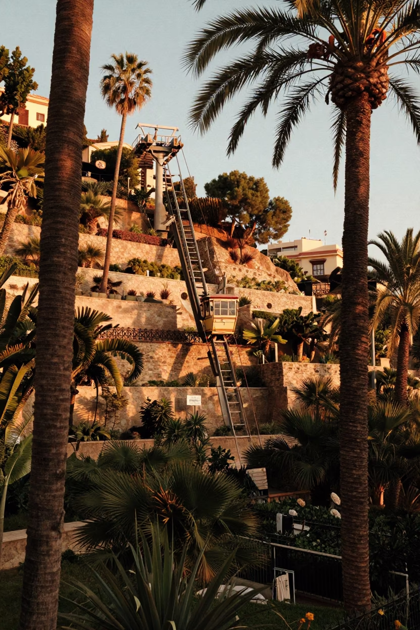 Golden Hour Valencia Funicular Climb Past Terraced Gardens and Palm Trees in in Valencia, Spain