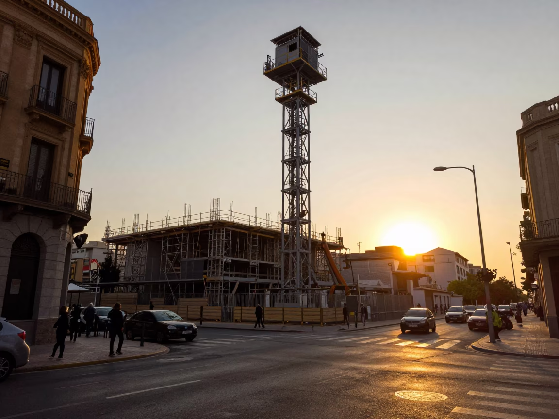 Golden Hour Valencia Spain Street Scene with Construction Elevator and Puddle Reflections in in Valencia, Spain
