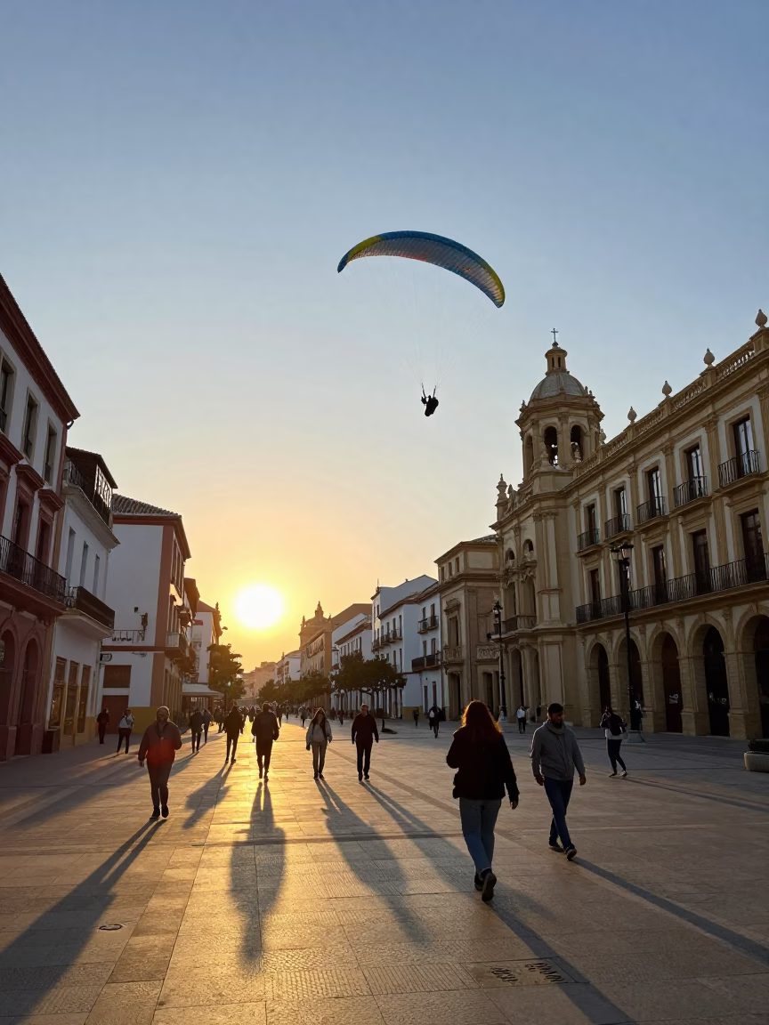 Golden Hour Valencia Spain Street Scene with Paraglider and Local Life in in Valencia, Spain