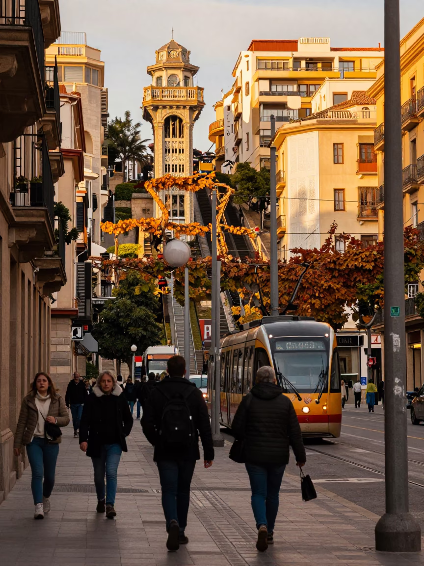 Golden Hour Valencia Street Scene with Funicular and Autumn Vines in in Valencia, Spain