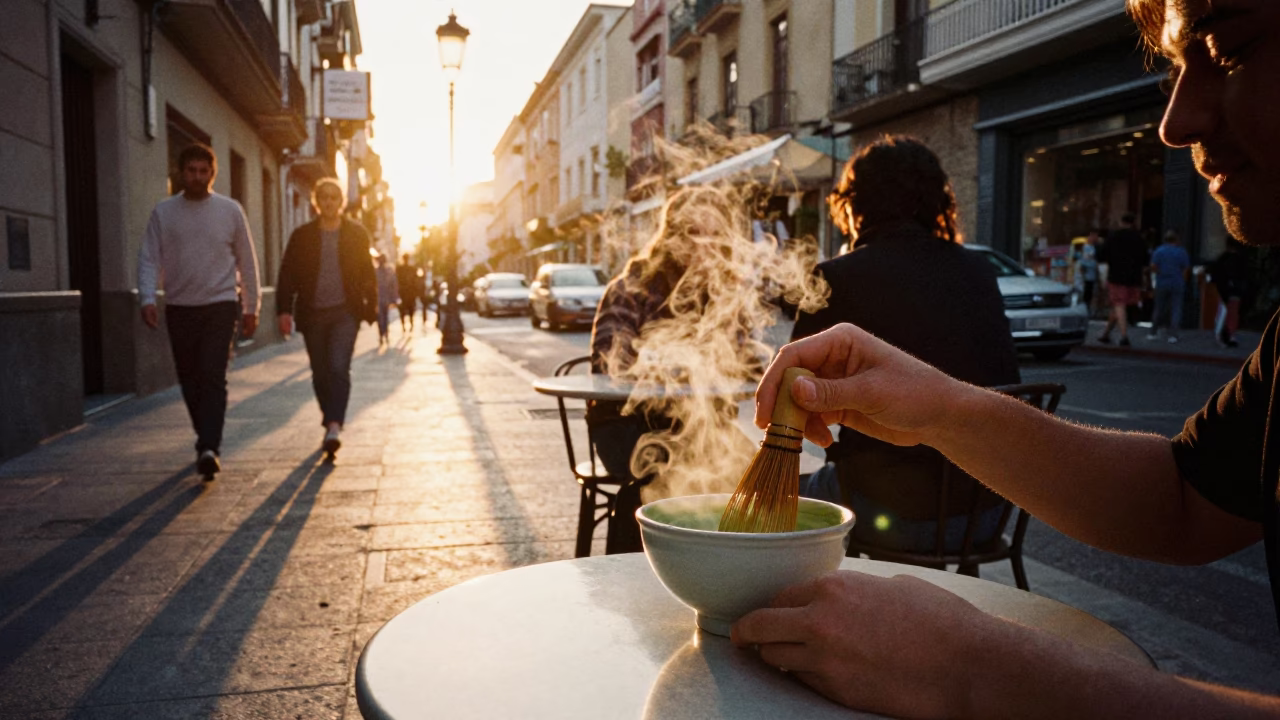 Golden Hour Valencia Street Scene with Matcha Whisk and Steam Haze in in Valencia, Spain
