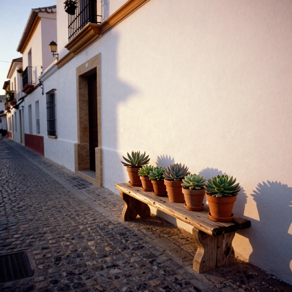 Golden Hour Valencia Street Scene with Succulents and Traditional Architecture in in Valencia, Spain
