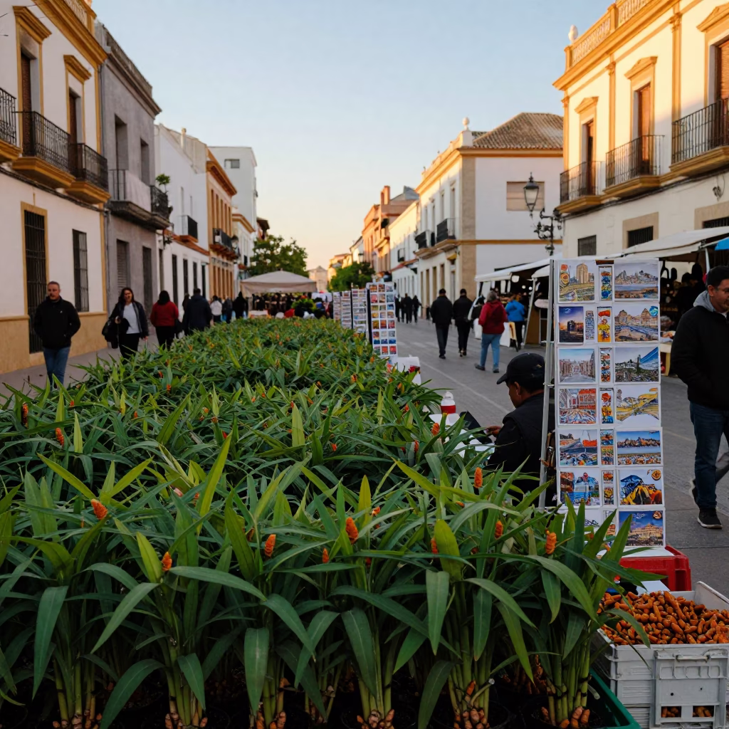 Golden Hour Valencia Street Scene with Turmeric Field and Postcards in in Valencia, Spain