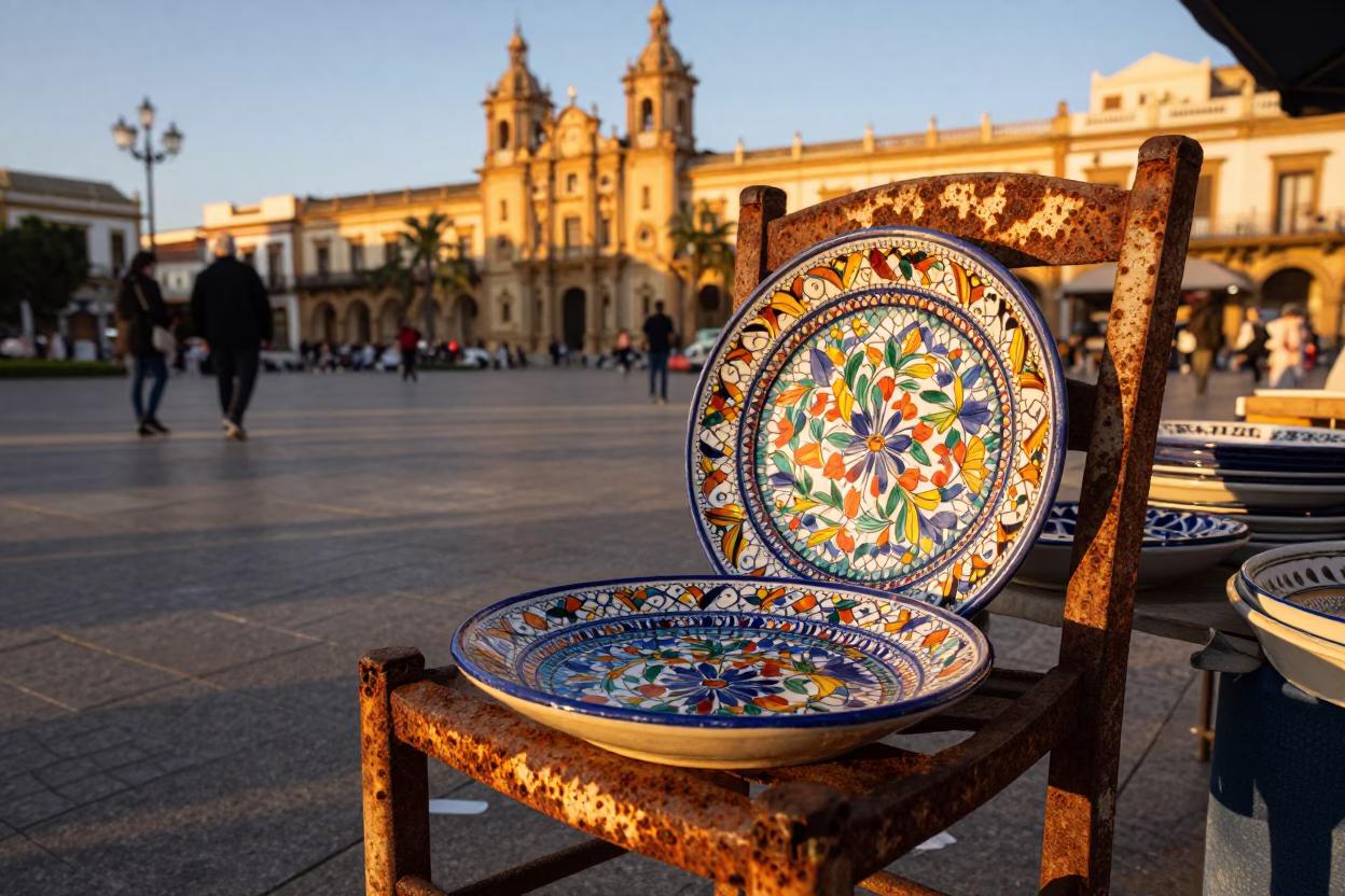 Golden Hour Valencia Street Scene with Vintage Majolica Plate and Rusty Chair Rung in in Valencia, Spain