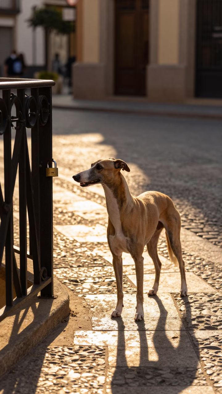 Golden Hour Valencia Street Scene with Whippet and Leaf Shadows on Drain in in Valencia, Spain