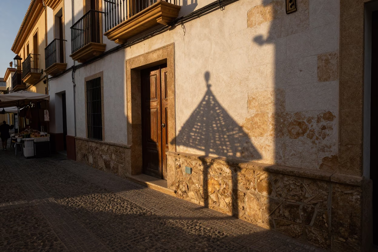 Golden Hour Valencia Street Scene with Wicker Shadow and Local Market Life in in Valencia, Spain