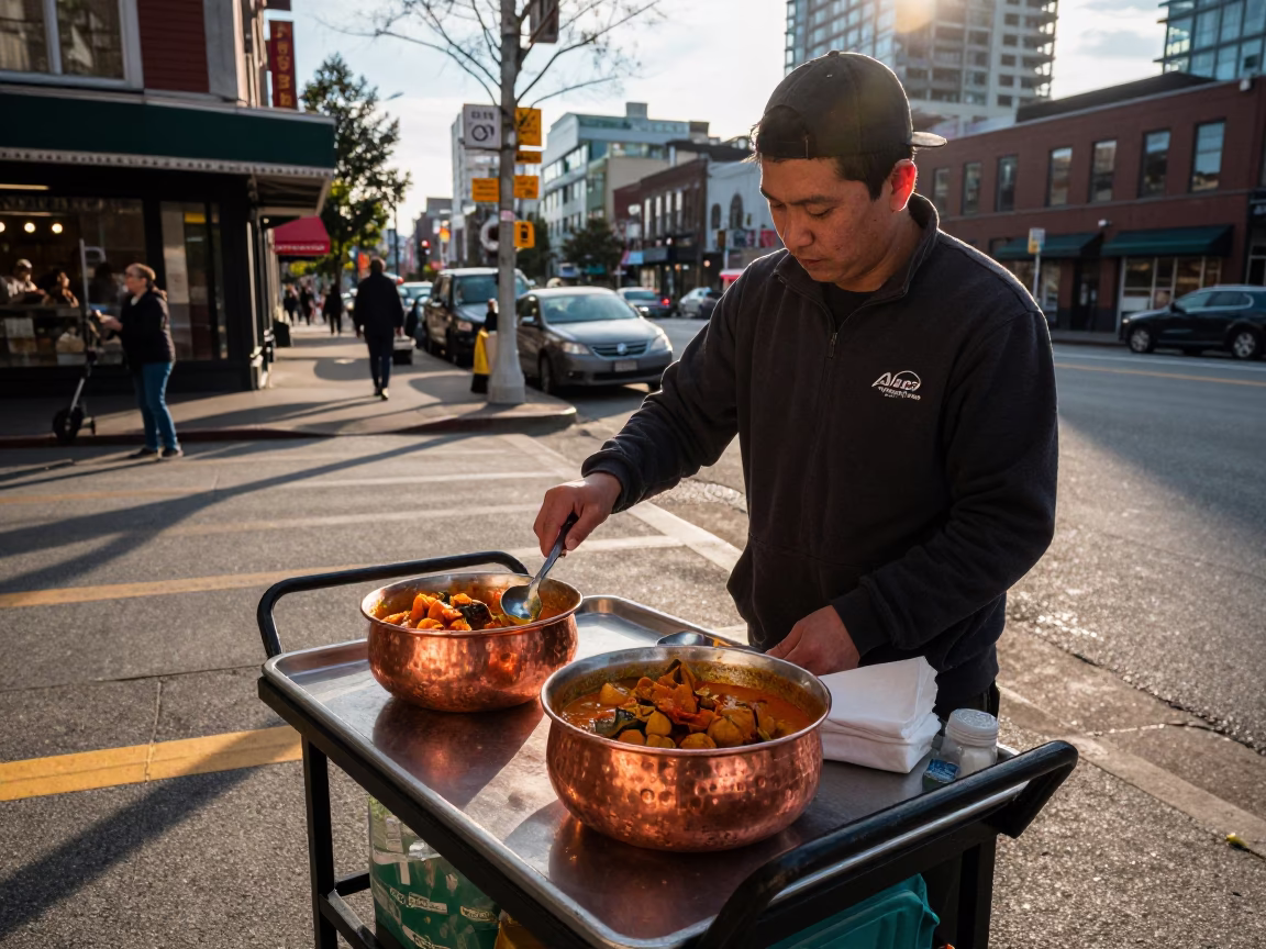 Golden Hour Vancouver Street Scene with Copper Bowls and Service Spoon on Wooden Shelf in in Vancouver, British Columbia, Canada