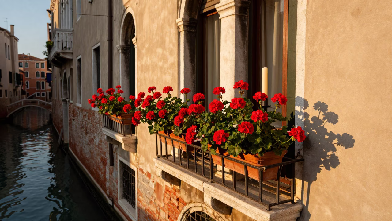 Golden Hour Venetian Balcony with Geraniums and Taper Candle in in Venice, Italy