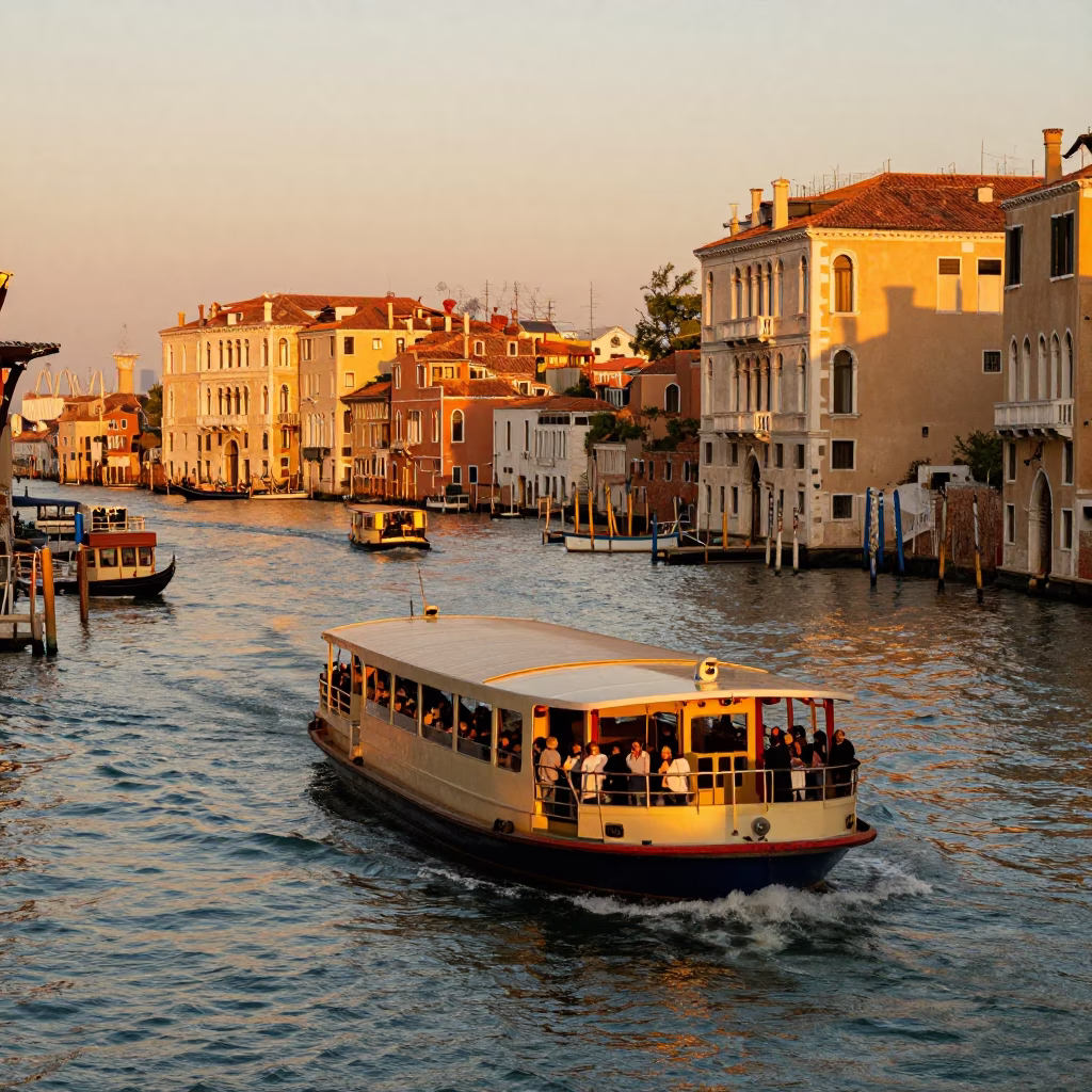 Golden Hour Venetian Canal Ferry Crossing with Passengers and Historic Architecture in in Venice, Italy