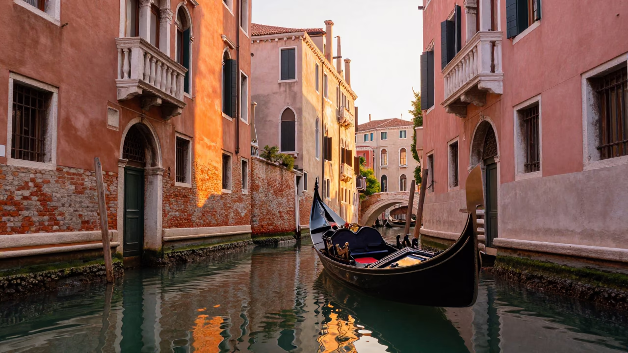 Golden Hour Venetian Canal Scene with Traditional Gondola and Historic Architecture in in Venice, Italy