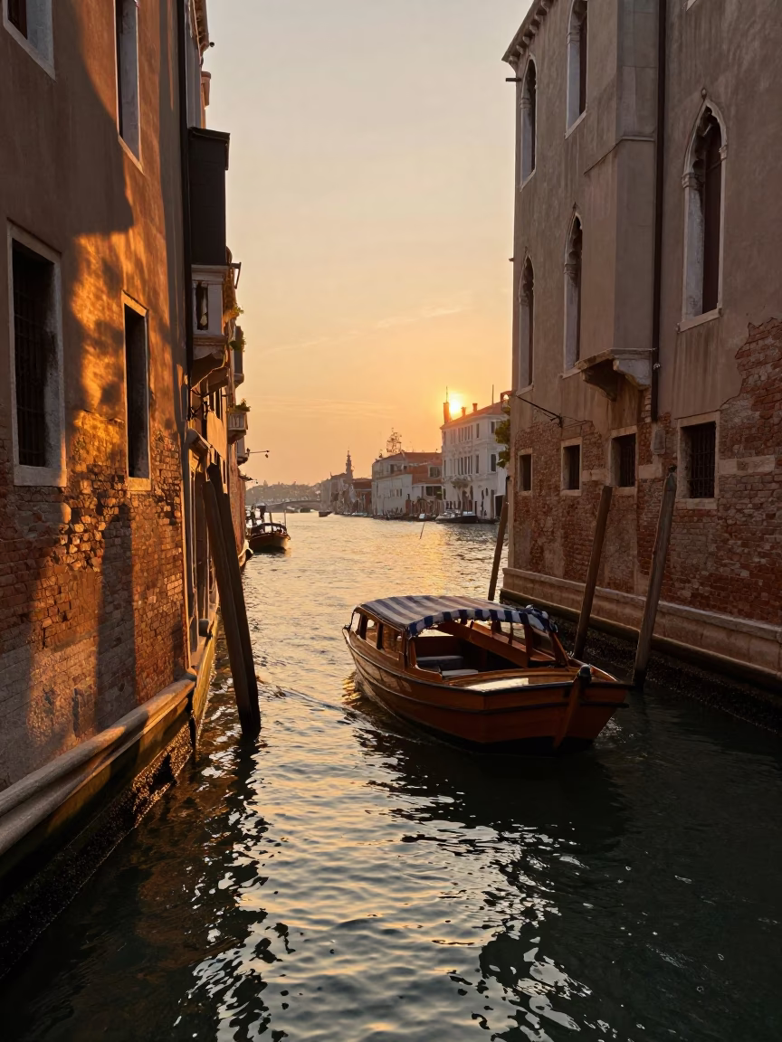 Golden Hour Venetian Canal Scene with Wicker Shadow and Traditional Boat in in Venice, Italy