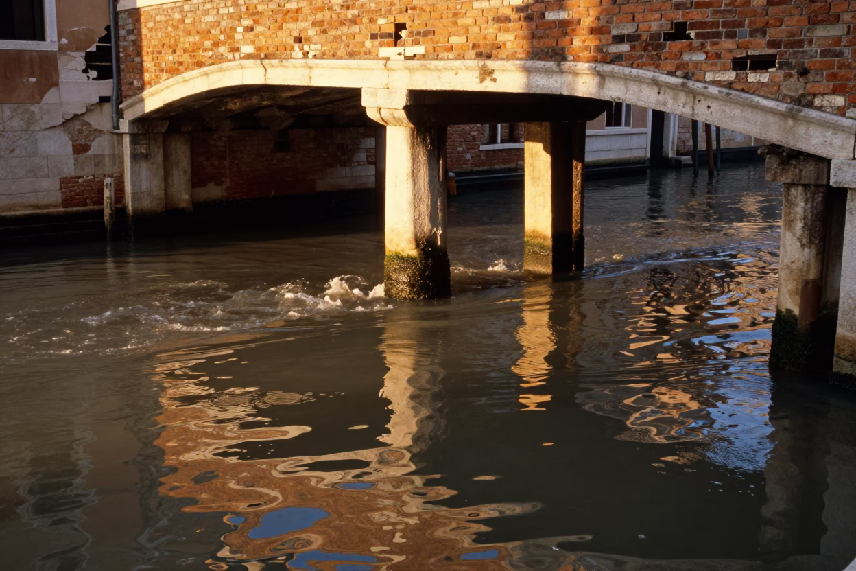 Golden Hour Venice Canal Bridge Piers and Muddy Water Reflections in in Venice, Italy