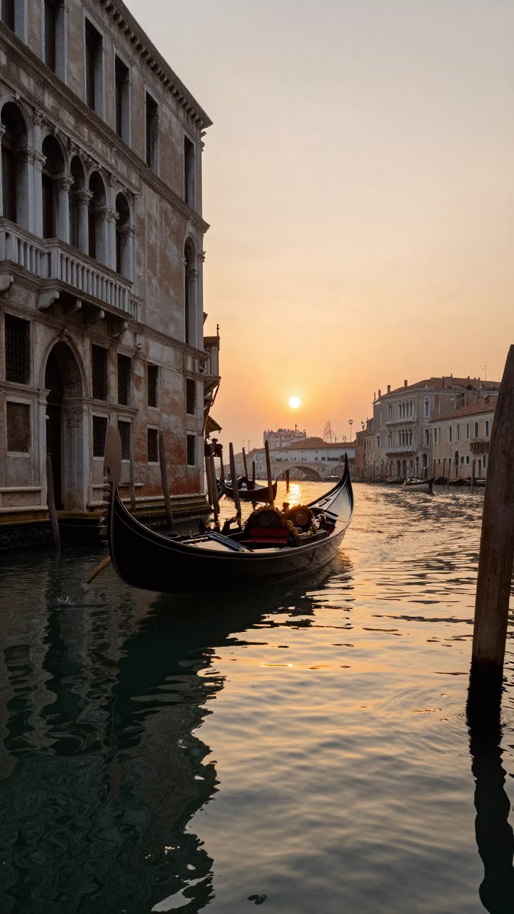 Golden Hour Venice Canal Reflections with Traditional Wooden Gondola and Historic Architecture in in Venice, Italy