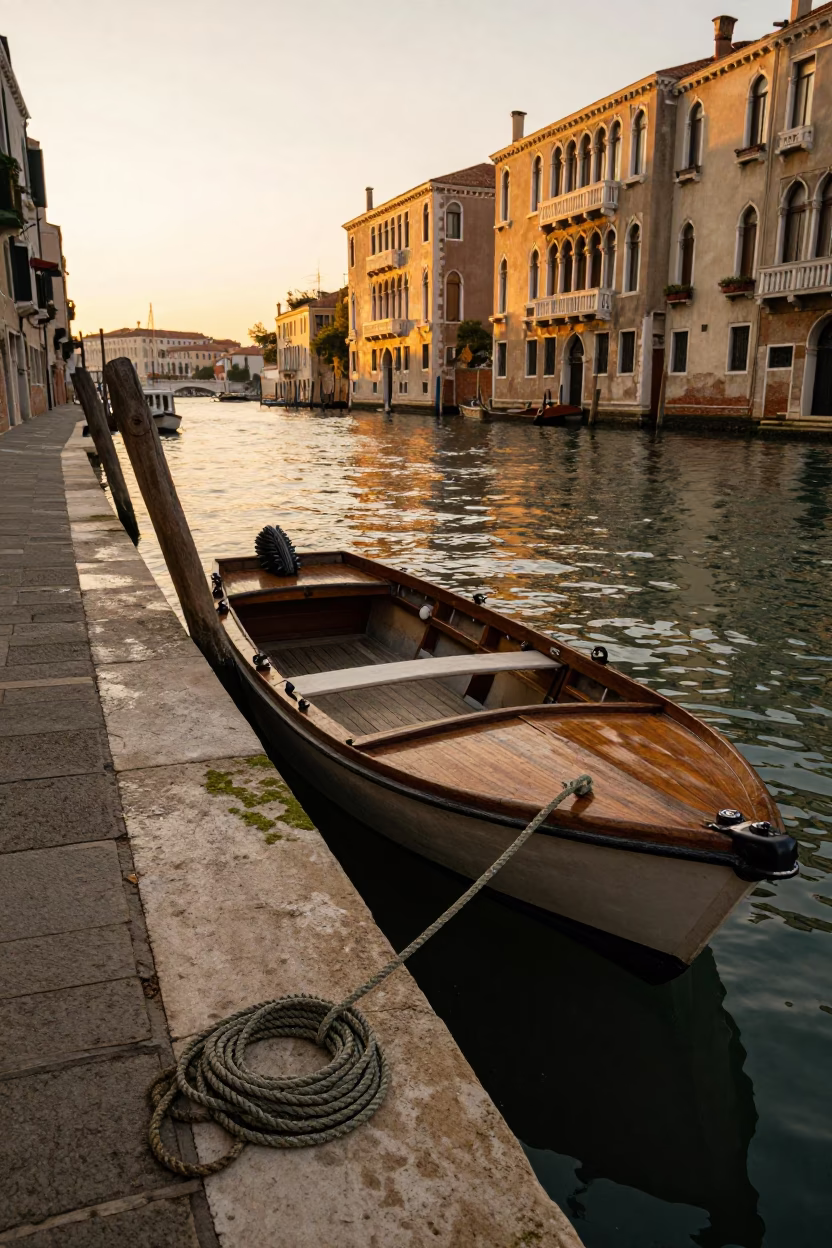 Golden Hour Venice Canal Scene with Coiled Rope and Waterfront Life in in Venice, Italy