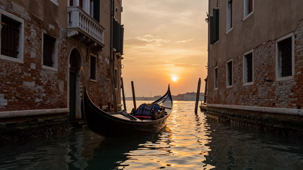 Golden Hour Venice Canal Scene with Gondola and Water Tower at Sunset in in Venice, Italy